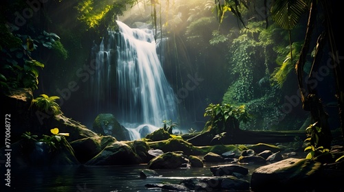 Panorama of a waterfall in a tropical forest. Panorama of a waterfall in a tropical forest.