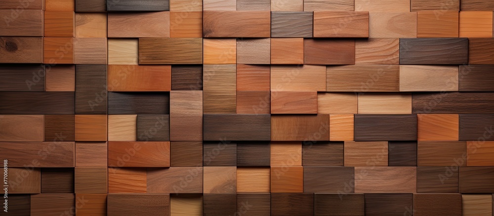 A close up of a brown rectangular wooden wall made of wooden blocks resembling brick. The hardwood wall has a wood stain and is similar to flooring or shelving materials with various tints and shades A close up of a brown rectangular wooden wall made of wooden blocks resembling brick. The hardwood wall has a wood stain and is similar to flooring or shelving materials with various tints and shades