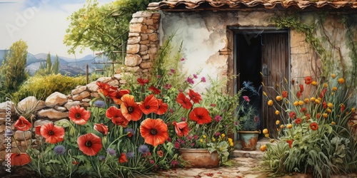  watercolor painting style artful illustration, beautiful red poppy flowerbed with vintage house , spring home gardening , Generative Ai © QuietWord