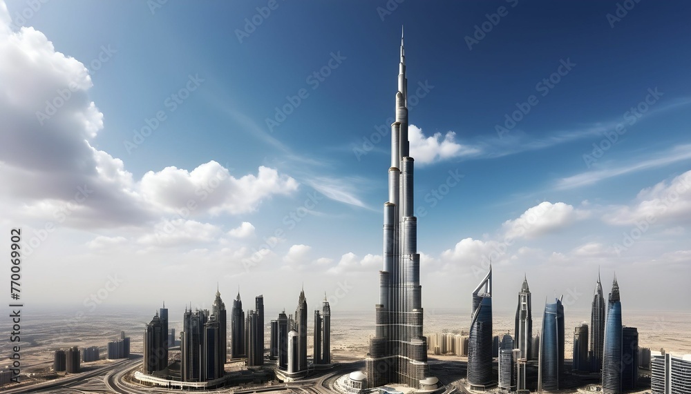 Burj Khalifa realistic picture behind it clear sky with clouds 