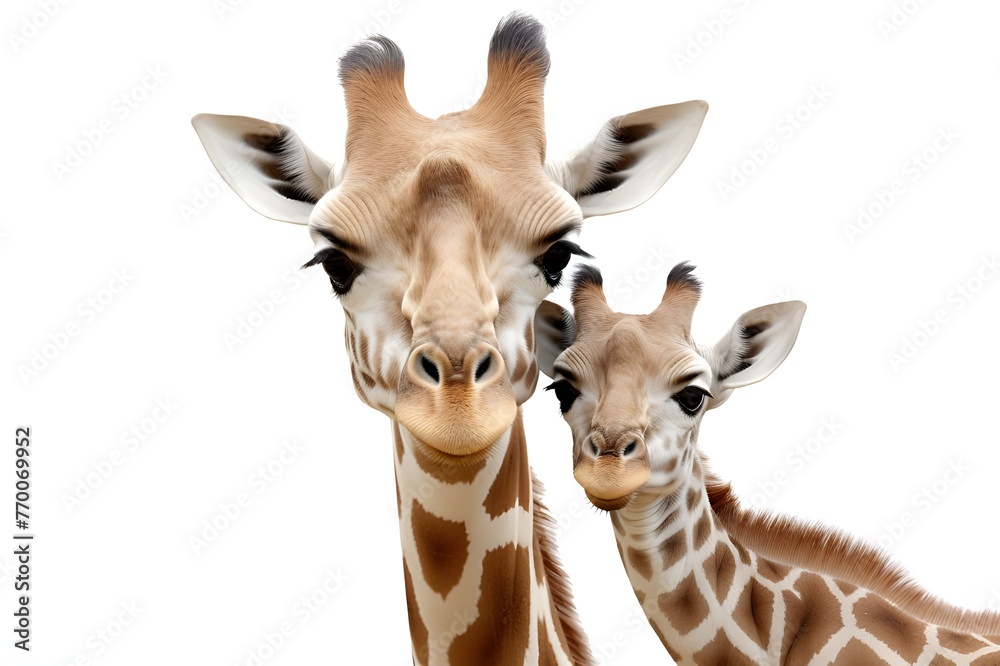Fototapeta premium Giraffe and Calf Close-up on White Background
