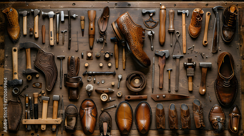 Tools of the Trade: Shoemaker&#039;s Workbench - obrazy, fototapety, plakaty 