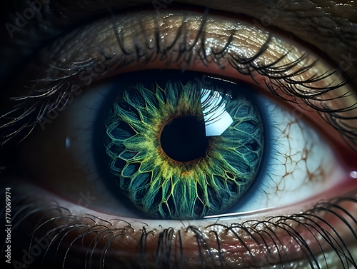 Close up of human eye with green iris. 3D rendering