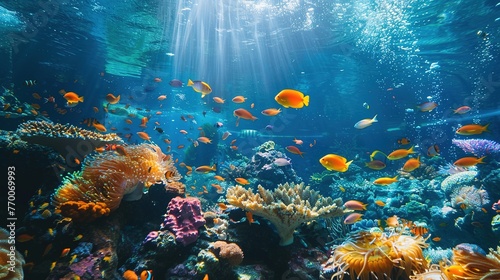 Tropical Sea Underwater Fishes on Coral Reef. Aquarium, Oceanarium, Wildlife, Marine, Panorama, Landscape, Nature, Ocean, Water, Fish, Animal, Exotic, Aquatic, Colorful, Deep 