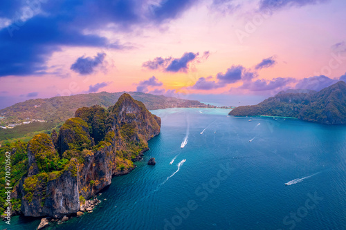 Aerial view of Nui beach in koh Phi Phi Don island, in Krabi, Thailand, sunset light