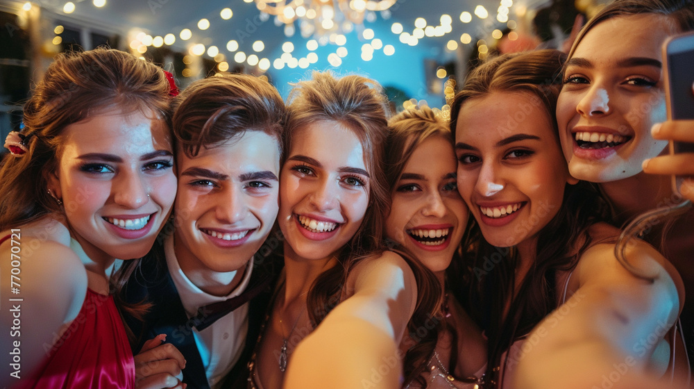 A group of friends taking a selfie together, capturing their memorable prom night - love and purity, beauty and lightness, happiness and joy