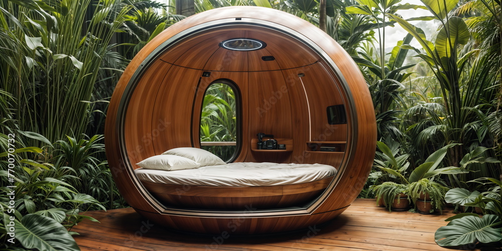 wooden egg-shaped pod with a bed inside, surrounded by plants in a forest. - obrazy, fototapety, plakaty 