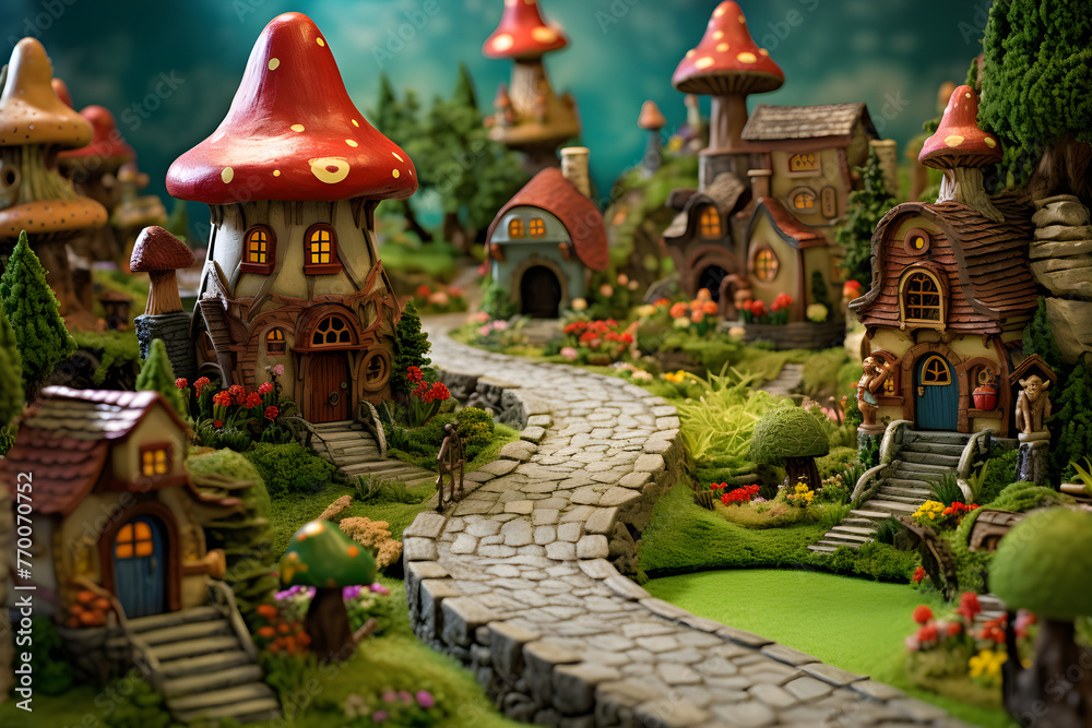 Enchanting Forest Gnome Village: A Whimsical Harmony of Mushroom Homes, Cobblestone Paths, and Cherry Blossoms