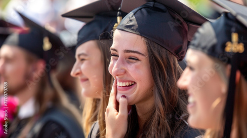 A candid shot of a graduate wiping away tears of joy during the commencement speech - love and purity, beauty and lightness, happiness and joy
