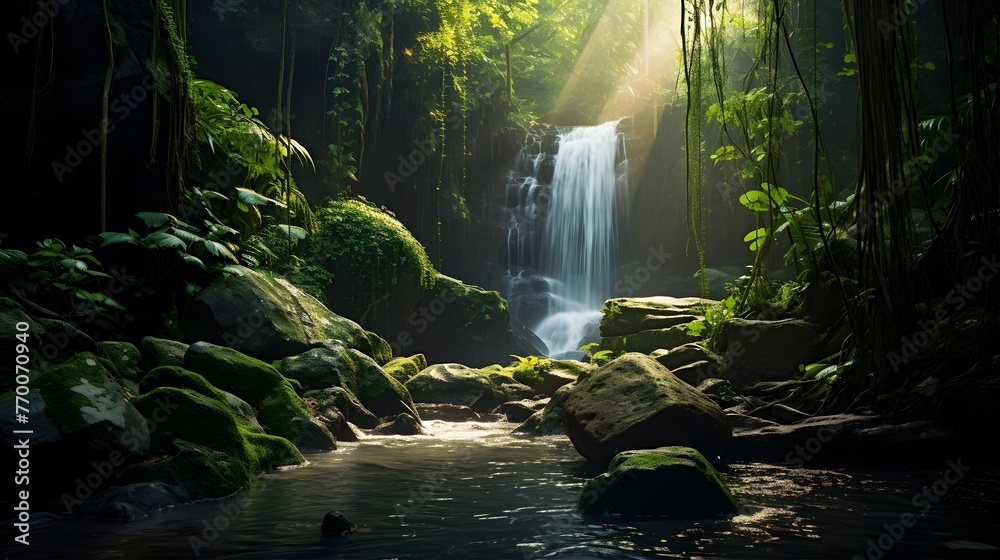 Panoramic view of a beautiful waterfall in a green summer forest