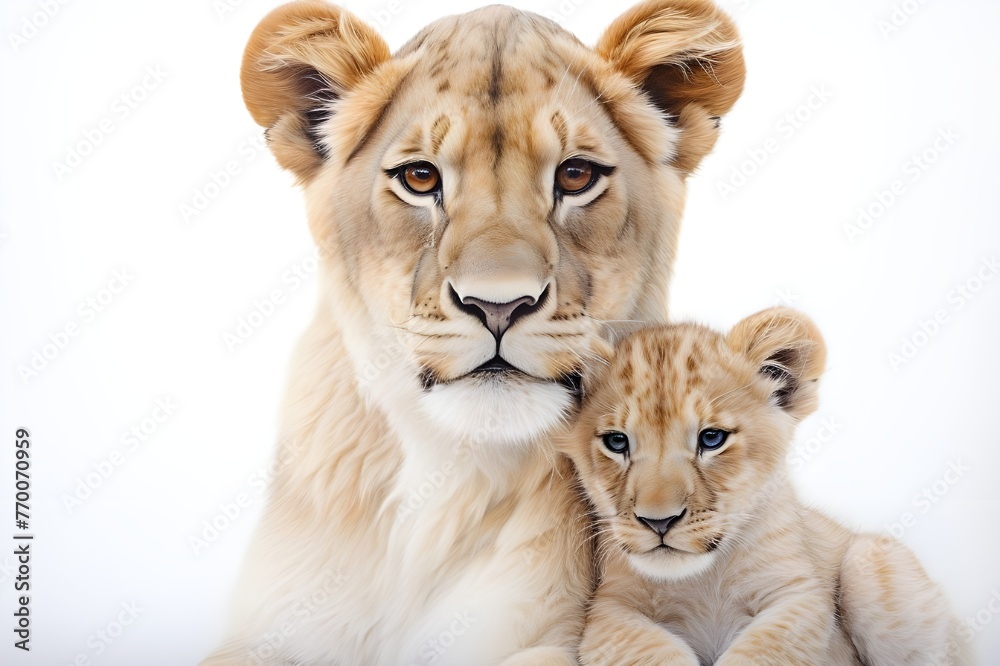Fototapeta premium Protective Embrace: Lioness and Cub Close-up on White Background