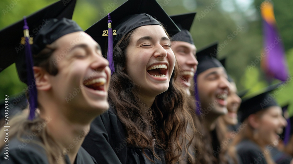 Fototapeta premium A candid shot of graduates laughing and joking together as they wait for the commencement ceremony to begin - love and purity, beauty and lightness, happiness and joy