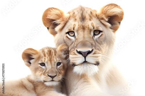 Protective Embrace: Lioness and Cub Close-up on White Background