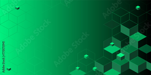 Green gradient background with cubic elements for web design and presentations focused on technological advancements  for digital marketing materials  website backgrounds. Copy space