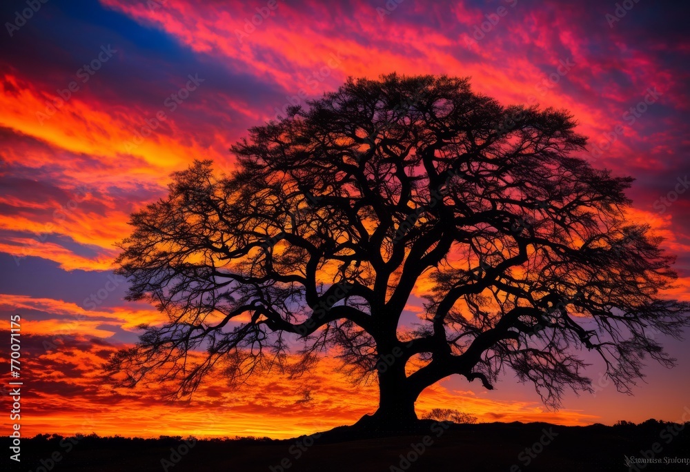 illustration, solitary tree silhouette sunset, dusk, nature, landscape, sky, horizon, orange, outline, isolated, dark, twilight, shadow, sunlight, countryside