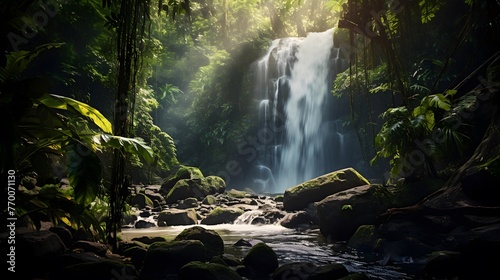 Panorama of a waterfall in the forest. Panoramic image