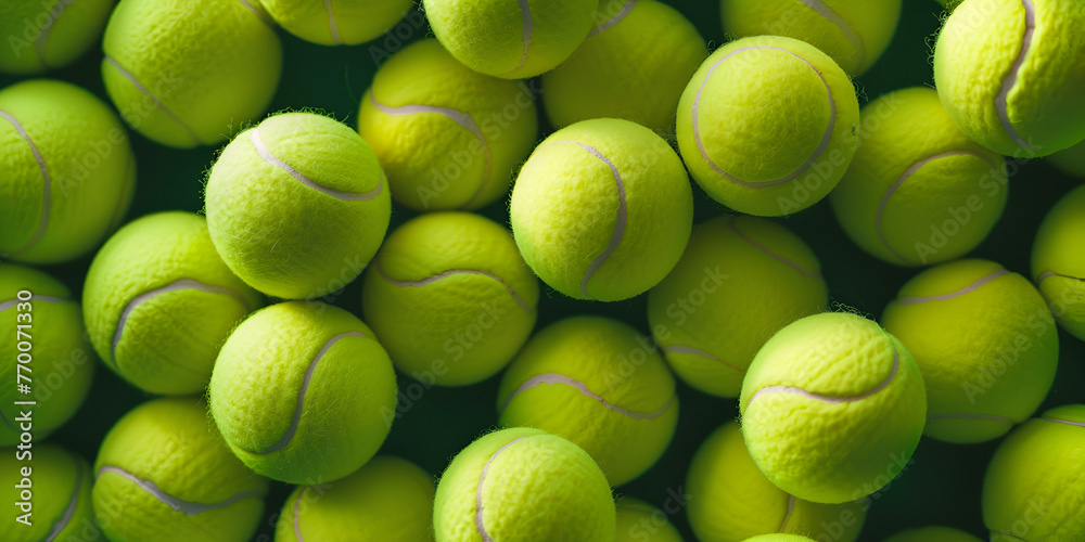 Tennis balls on black background flat lay Sports equipment.AI Generative