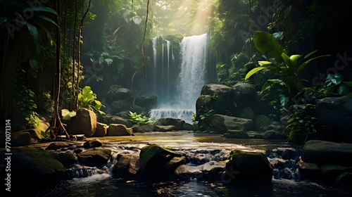 Panorama of beautiful waterfall in tropical rainforest. Nature background.