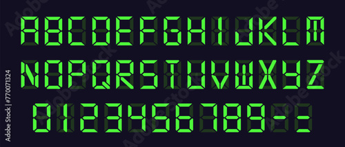 Green Digital Display Font with Alarm Clock Letters, Electronic Alphabet, Retro Calculator Symbols, LCD Monitor Characters, and Scoreboard Digits. Vector EPS 10