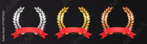 Vector gold silver and bronze laurels set with red ribbon. Laurel wreath branches. Trophy award, winner emblem EPS 10