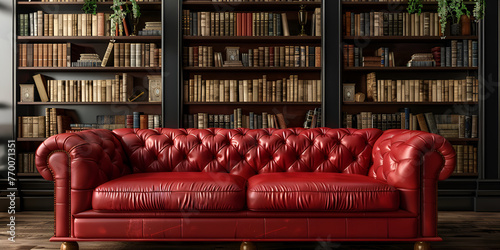 Two seater red sofa with Bookshelves in the library Large bookcase with lots of books Sofa in the room for reading books Library or shop with bookcases Cozy book background.AI Generative  photo