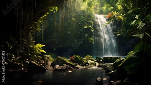 Panoramic view of a waterfall in a tropical rainforest.