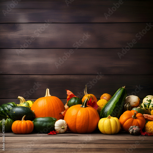 Autumn background with pumpkins. squash. gourds and leaves on wooden board