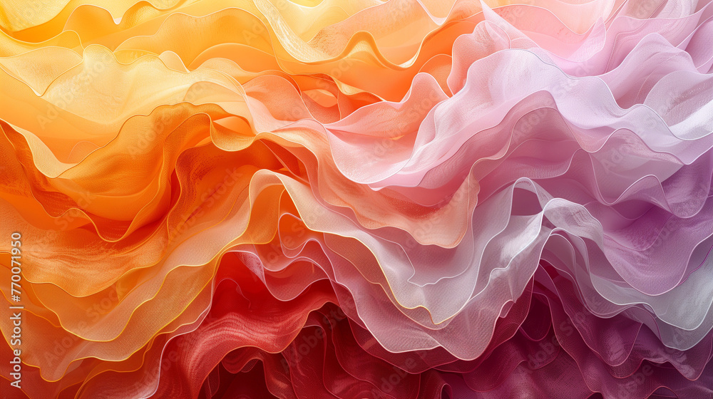 A colorful, flowing piece of fabric with a mix of red, orange, and pink hues. AI.
