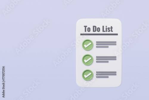3d To do list paper sheet icon concept. All tasks are completed. Planning sign design. Paper sheets with check mark. Minimal cartoon isolated on purple background. 3d rendering illustration. © Theeraphat
