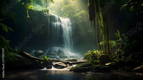 Panorama of a beautiful waterfall in the deep forest of Thailand. © Iman