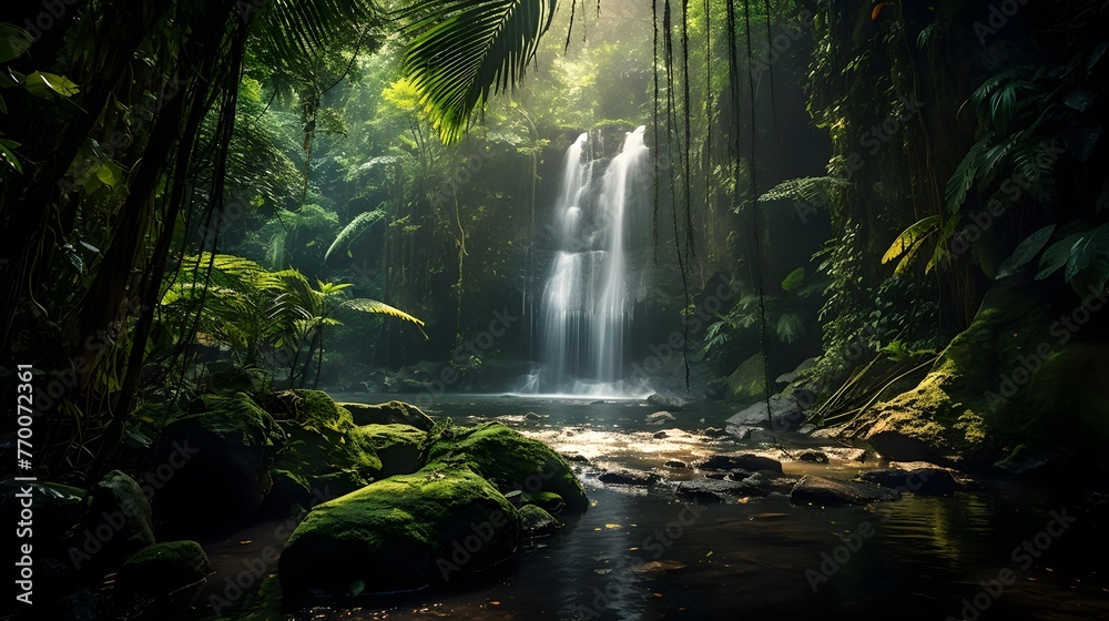 Panoramic view of a waterfall in the rainforest of Bali, Indonesia