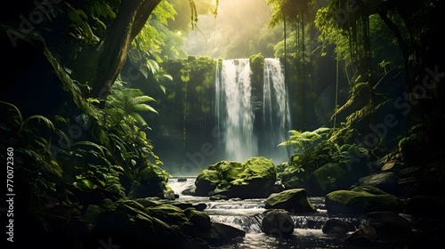 Panoramic view of a beautiful waterfall in tropical rainforest.