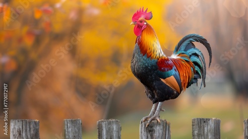 Upon the wooden fence, a proud rooster poses in majestic splendor, its regal presence elevating the beauty of farmyard poultry.