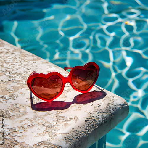 Red heart shaped sunglasses by a swimming pool  © PixelHD