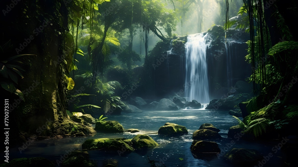 Panorama of a beautiful waterfall in a tropical rainforest at sunset