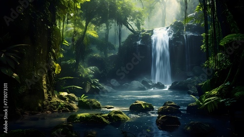 Panorama of a beautiful waterfall in a tropical rainforest at sunset