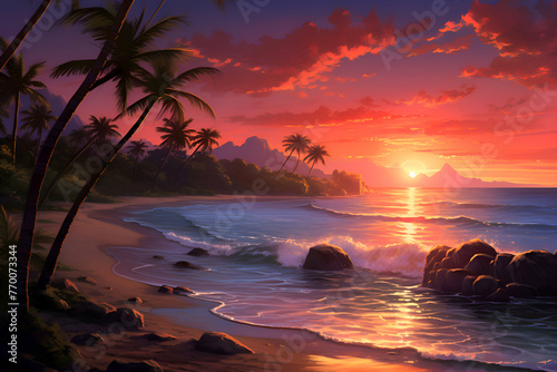 Beautiful seascape with palm trees and sunset. 3d render © Wazir Design
