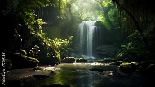 Panoramic view of a beautiful waterfall in the tropical rainforest
