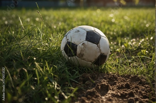 Dirty soccer ball on a grass covered with sunlight