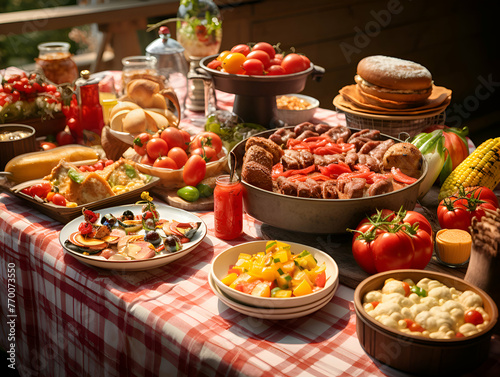 picnic with a variety of food on the table in the garden