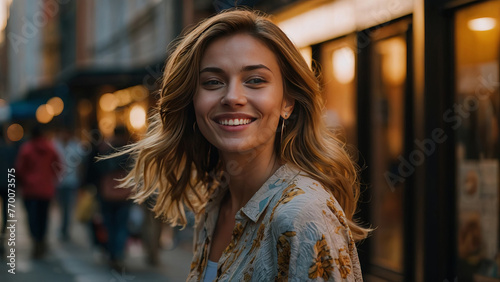 Portrait of a beautiful smiling woman in city street