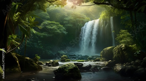 Panorama of a beautiful waterfall in the jungle. Panoramic image.