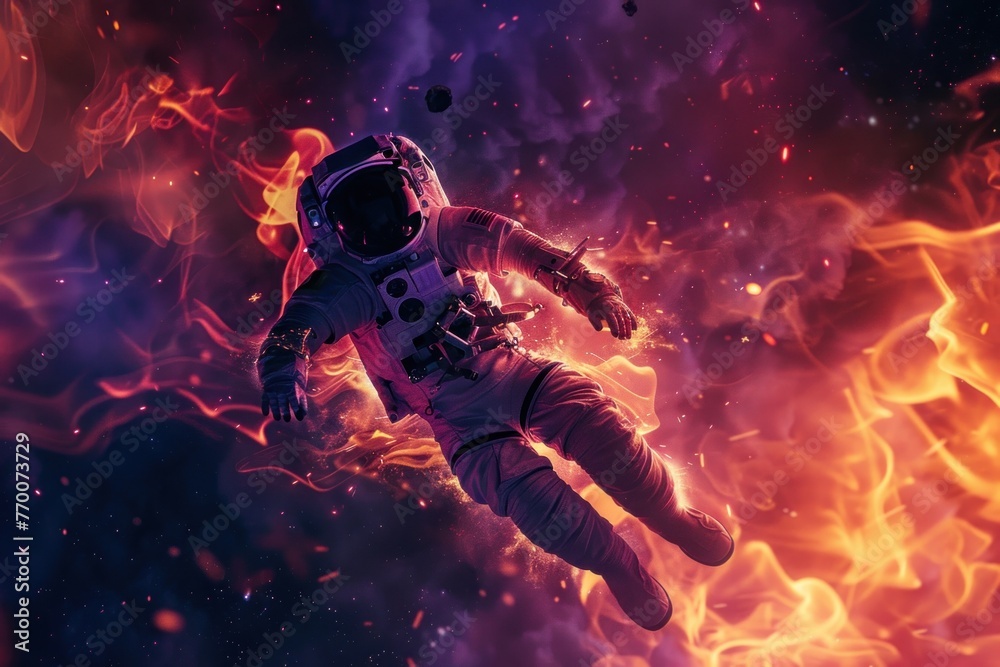 An astronaut in a silver space suit stands with an orange and blue flame behind him