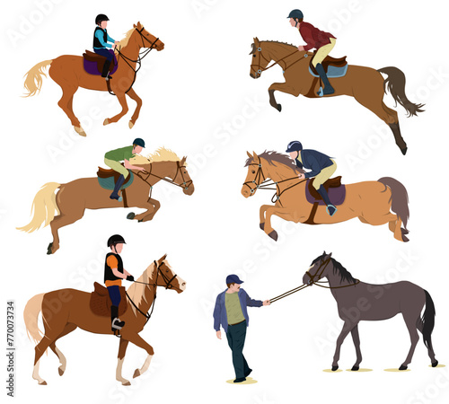 a set of vector illustrations of jockeys on horseback. The theme of equestrian sports, training and competitions. Isolated on a white background