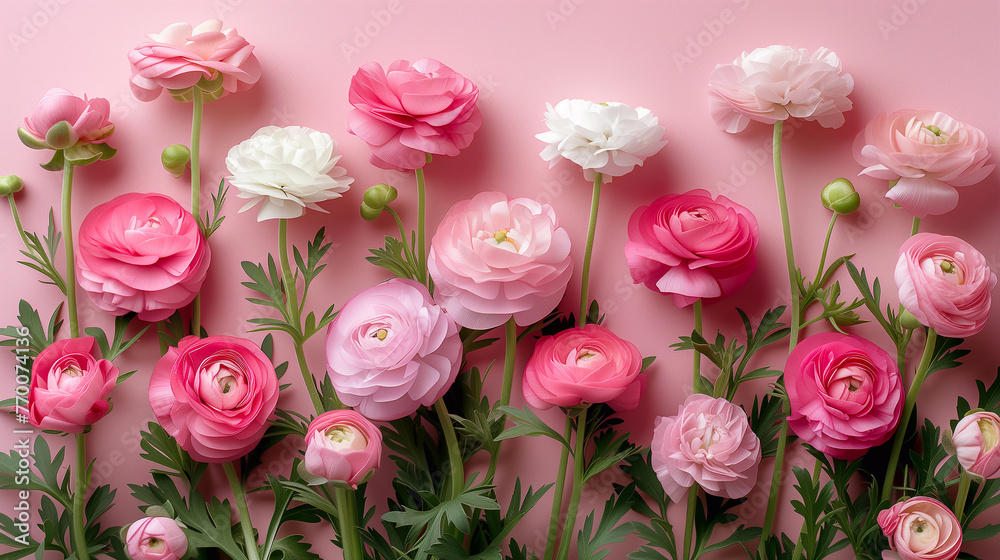 Pink and white ranunculus flowers on pink background. Flat lay, top view