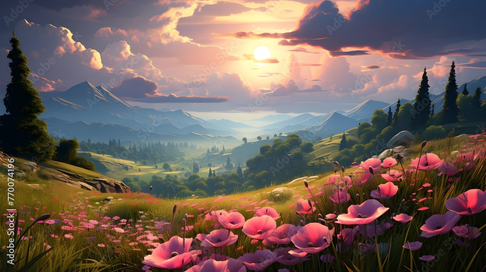 Beautiful panoramic landscape with pink flowers in mountains at sunset