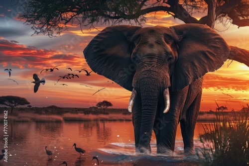A majestic elephant stands under an acacia tree