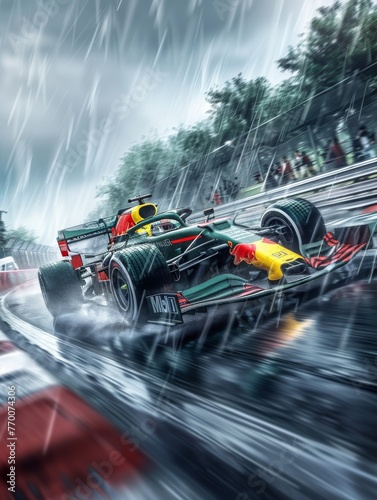 Formula 1, a car driving at high speed on a race track, tournament competition and winner