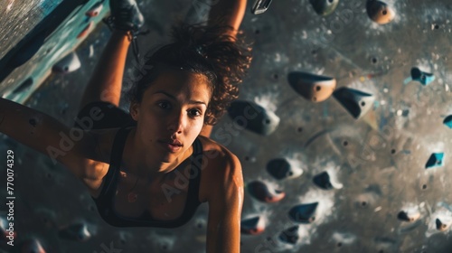 Beautiful young female climber. Beautiful slim woman Exercising Climbing Gym Wall. Healthy lifestyle concept.