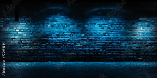 Blue brick wall and floor illuminated by spotlights. 3D rendering